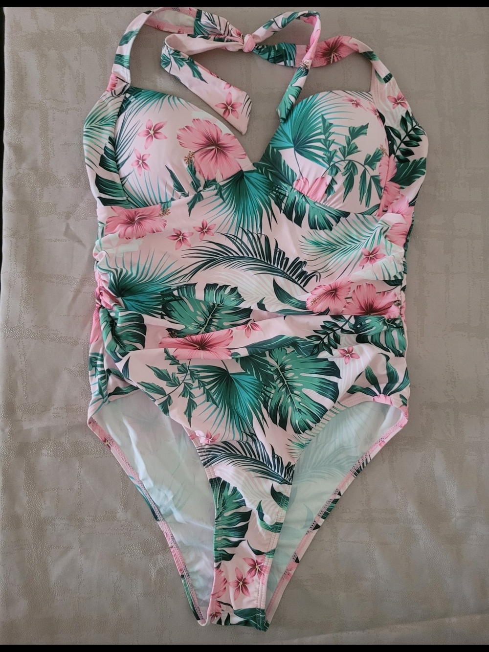SHEIN L Pink Tropical Leaf One-Piece Swimsuit for Women